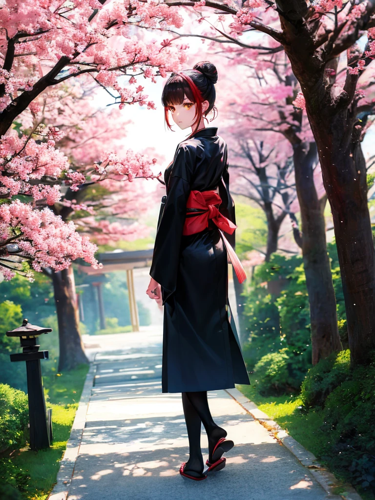 ((masterpiece,best quality)),2girls, black kimono, black legwear, black ribbon, black hair, cherry blossoms, day, flower, hair bun, hair ribbon, japanese clothes, kimono, long hair, looking at viewer, looking back , multiple girls, belts, outdoors, red eyes, red hair, ribbon, sandals, single bun, stairs, standing, statue, torii, tree, white kimono, yellow eyes