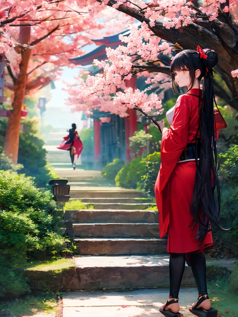 ((masterpiece,best quality)),2girls, black kimono, black legwear, black ribbon, black hair, cherry blossoms, day, flower, hair bun, hair ribbon, japanese clothes, kimono, long hair, looking at viewer, looking back , multiple girls, belts, outdoors, red eyes, red hair, ribbon, sandals, single bun, stairs, standing, statue, torii, tree, white kimono, yellow eyes