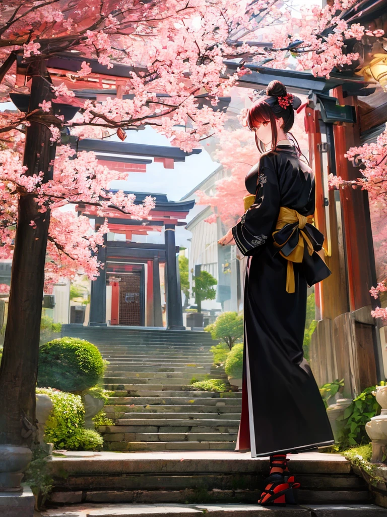 ((masterpiece,best quality)),2girls, black kimono, black legwear, black ribbon, black hair, cherry blossoms, day, flower, hair bun, hair ribbon, japanese clothes, kimono, long hair, looking at viewer, looking back , multiple girls, belts, outdoors, red eyes, red hair, ribbon, sandals, single bun, stairs, standing, statue, torii, tree, white kimono, yellow eyes