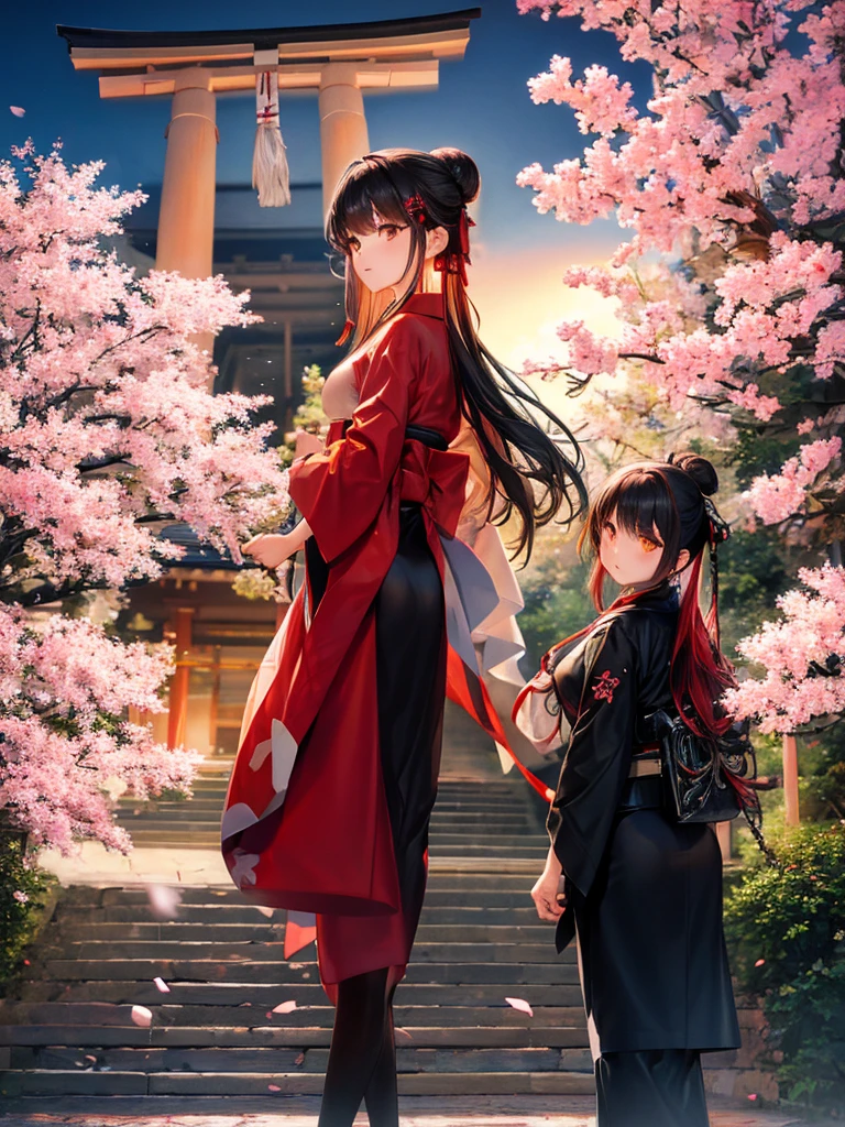 ((masterpiece,best quality)),2girls, black kimono, black legwear, black ribbon, black hair, cherry blossoms, day, flower, hair bun, hair ribbon, japanese clothes, kimono, long hair, looking at viewer, looking back , multiple girls, belts, outdoors, red eyes, red hair, ribbon, sandals, single bun, stairs, standing, statue, torii, tree, white kimono, yellow eyes