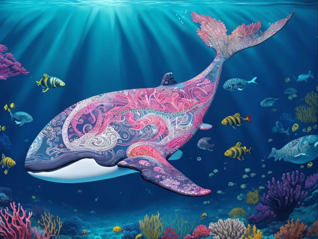 The image depicts a vivid underwater scene featuring a whale with a colorful, intricate pattern painted on its side, surrounded by various fish species.