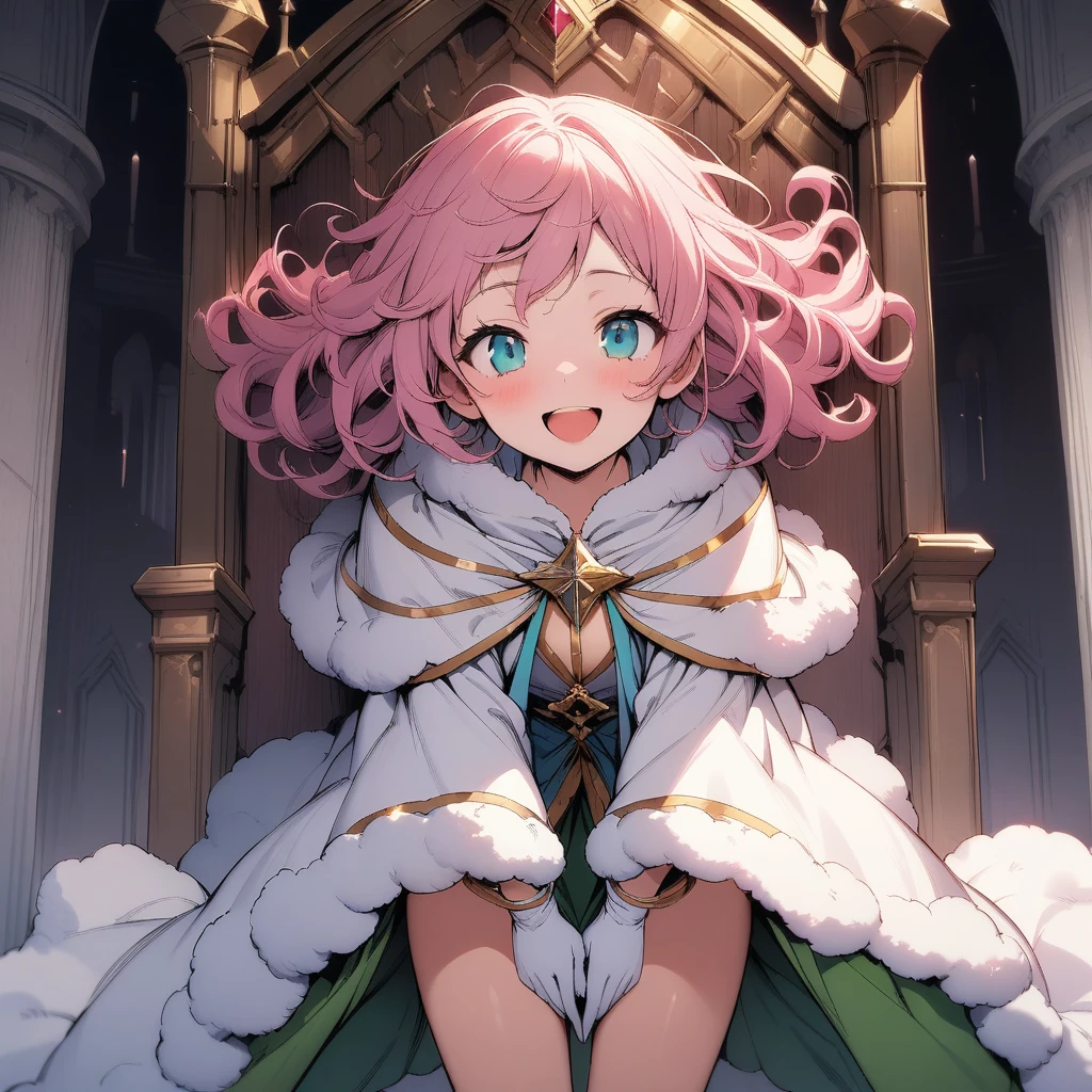 (masterpiece),(best quality),very aesthetic,(ultra-detailed),(illustration),nsfw,1girl,18yo,slender,pink hair,curly hair,(Hair is frizzy upward),short hair,disheveled hair,aqua blue eyes,smile,open mouth,happy,humble,white wizard robe,white glove,light green fluffy skirt,Cloak fastened with gold ornamental buckle in front,white wizard cloak with gold trimmed,standing,Standing next to throne,castle,arms between legs,Fluffy gray boots,cowboy shot