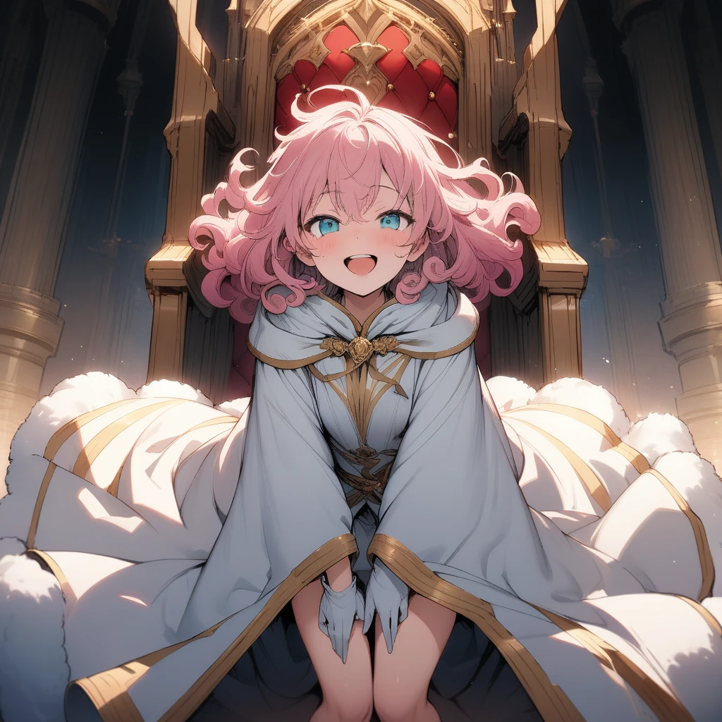 (masterpiece),(best quality),very aesthetic,(ultra-detailed),(illustration),nsfw,1girl,18yo,slender,pink hair,curly hair,(Hair is frizzy upward),short hair,disheveled hair,aqua blue eyes,smile,open mouth,happy,humble,white wizard robe,white glove,light green fluffy skirt,Cloak fastened with gold ornamental buckle in front,white wizard cloak with gold trimmed,standing,Standing next to throne,castle,arms between legs,Fluffy gray boots,cowboy shot