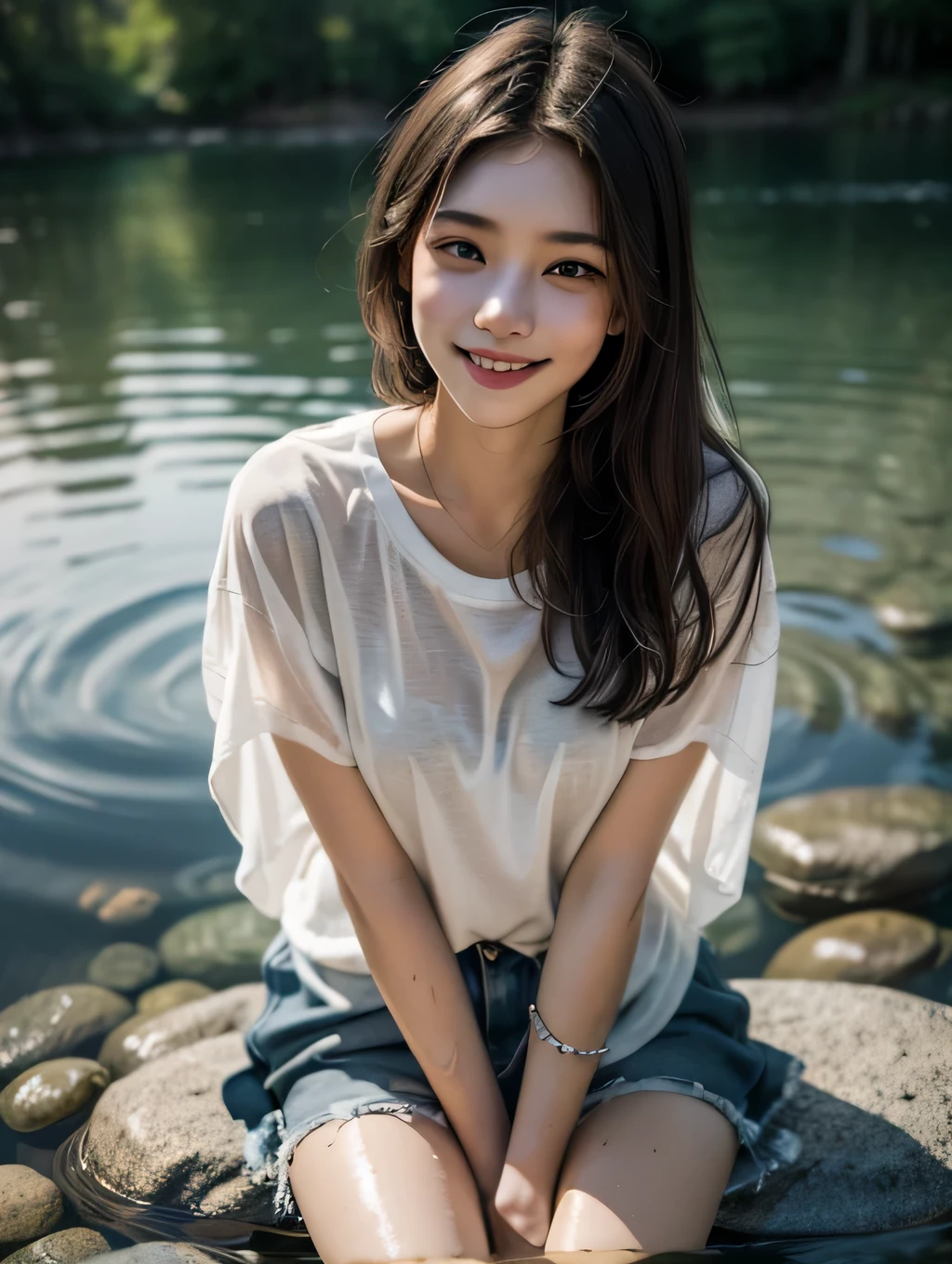 create a realistic picture seen from above, a Taiwanese girl, sitting cross-legged on the water in a lake with clear water. the girl was wearing a loose shirt made of gauze. The girl's face looked up with a smiling face and her hands were open, showing rocks and fish at the bottom of the lake. wet clothes effect, water effect, very detailed image