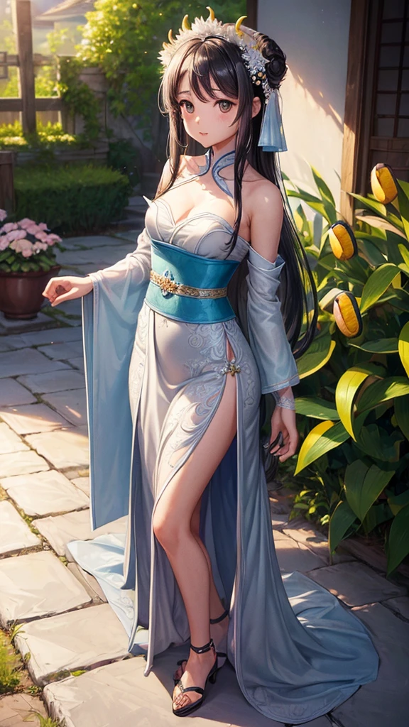 (Chiquita: 1.5), lace, cinta, Hanfu, (work of art, sidelight, dainty and comely gray eyes: 1.2), work of art, realisitic, glare eyes, shiny hair, dark hair, long hair, shining skin, standing alone, weirdcore, strapless, dainty, comely, Garden, flowers, fluttering petals,