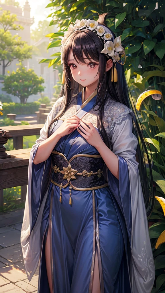 (Chiquita: 1.5), lace, cinta, Hanfu, (work of art, sidelight, dainty and comely gray eyes: 1.2), work of art, realisitic, glare eyes, shiny hair, dark hair, long hair, shining skin, standing alone, weirdcore, strapless, dainty, comely, Garden, flowers, fluttering petals,