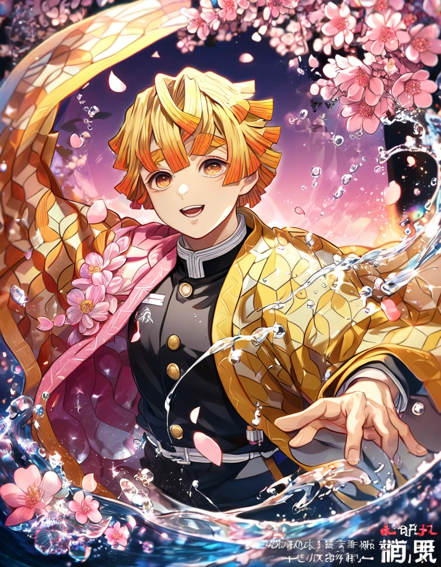 absurdres, highres, ultra detailed, HDR, master piece, best quality, extremely detailed, Agatsuma Zenitsu, yellow hair, expressive brown golden eyes, Kimetsu No Yaiba, solo, sexy man, handsome, yellow haori, demon slayer uniform, magical, fantasy, glittering, sparkling, glass, pink flowers, pink petals, water, pink moon