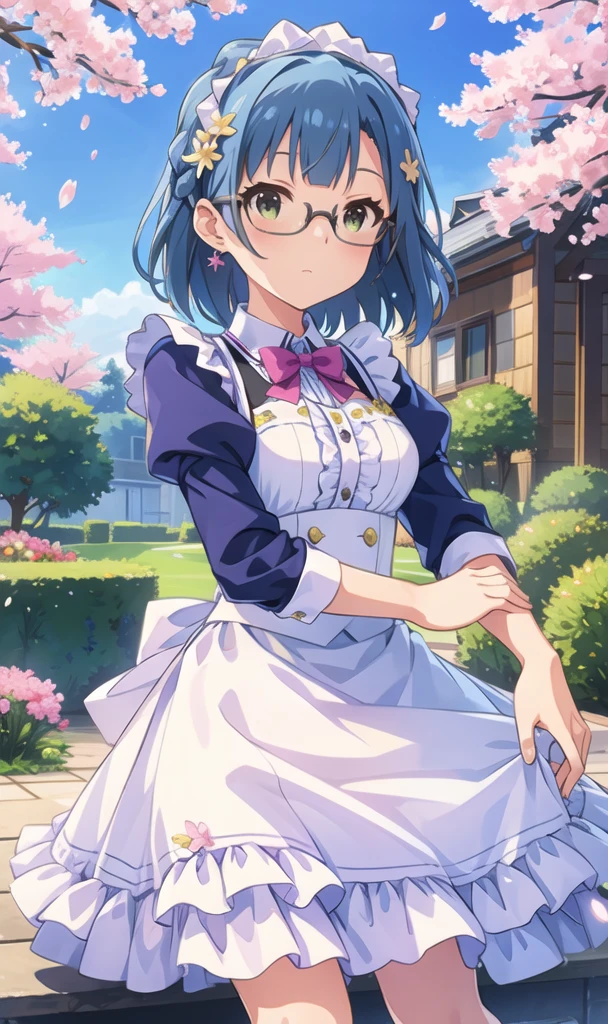 yuriko nanao (million live), (best quality, 8K, masterpiece, ultra detailed:1.2), cinematic angle,
flowery meadow, sparkle, light particles, garden,
1girl, solo, maid, maid headdress, apron, weapon, earring, cute, floating petals, lily hair ornament, staning, skirt lift, cherry blossoms,Glasses