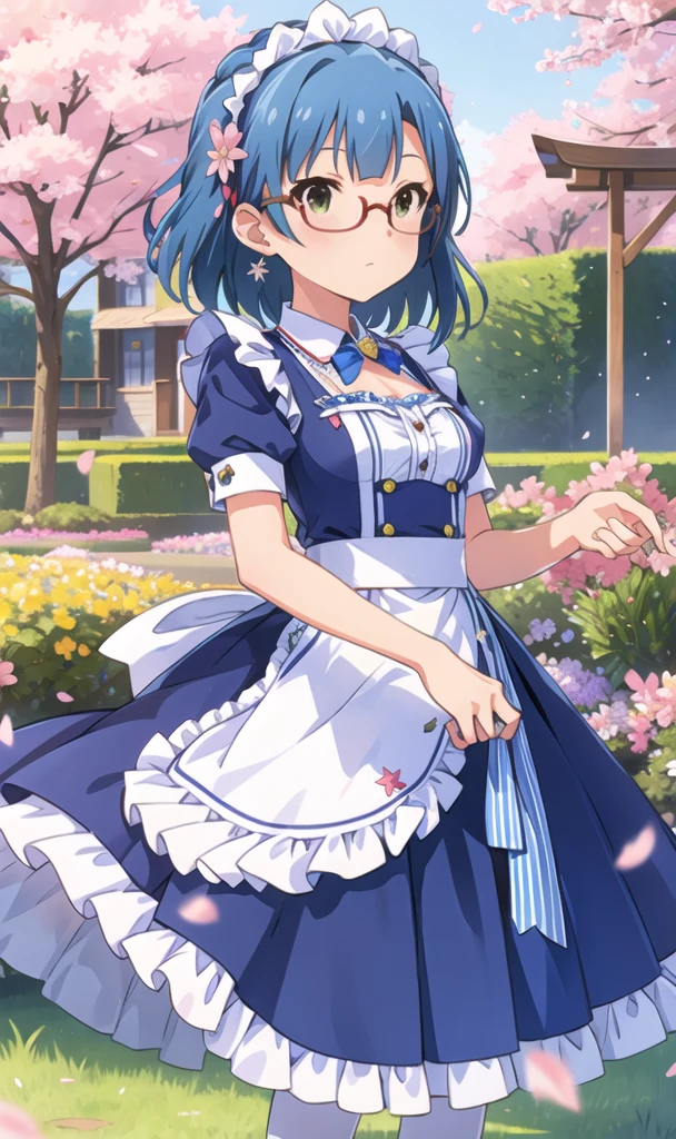 yuriko nanao (million live), (best quality, 8K, masterpiece, ultra detailed:1.2), cinematic angle,
flowery meadow, sparkle, light particles, garden,
1girl, solo, maid, maid headdress, apron, weapon, earring, cute, floating petals, lily hair ornament, staning, skirt lift, cherry blossoms,Glasses