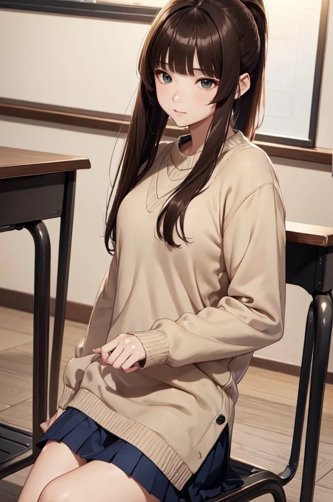best quality, highres,Slender、brown eyes、tall、(bangs bangs:1.5)、long hair,straight hair、classroom、18-year-old、(white sweater:1.5)、(black lace panties:1.5)、(black hair:1.5) 、8 life size