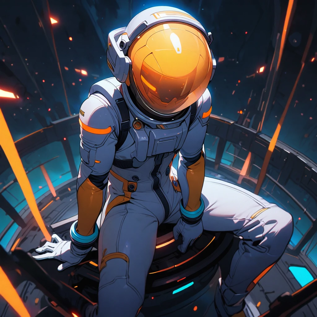 (well done: 1) white female spacesuit with blue and yellow details with helmet, slightly torn blue jacket on top.  sitting on top of a space base.
