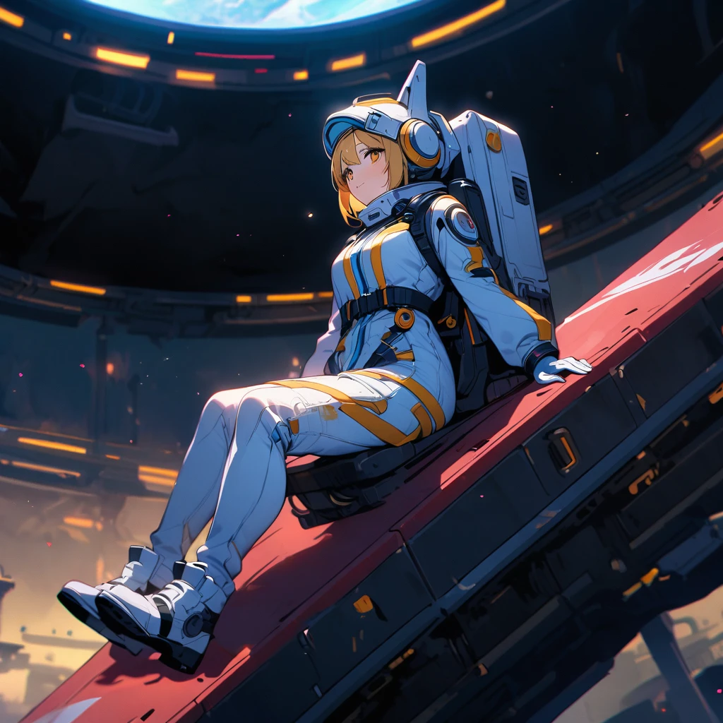 (well done: 1) white female spacesuit with blue and yellow details with helmet, slightly torn blue jacket on top. sitting on top of a space base.