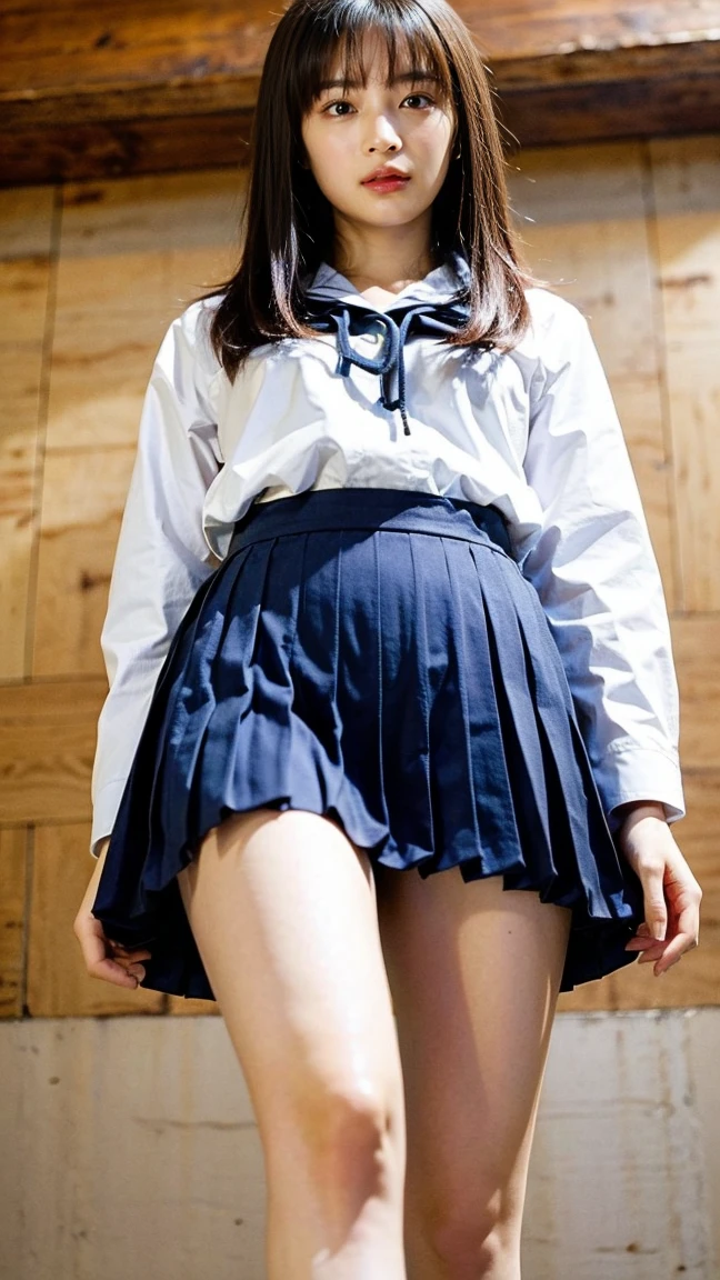 Japanese beautiful girl、18-year-old high school student、Small breasts、Beautiful cherry-colored areola、Erect nipples、Narrow waist、Shaved, Looking down,A revealing sailor suit 、Short pleated skirt, 片feetで立つ, kick, feet,how, No underwear, Striped pussy