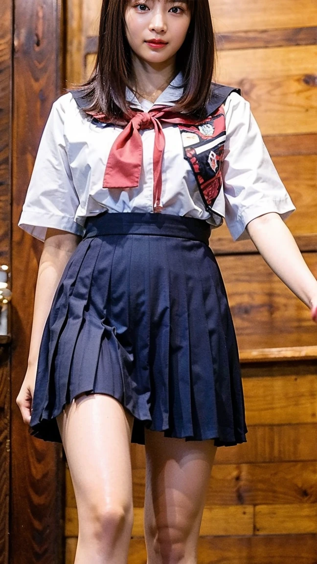 Japanese beautiful girl、18-year-old high school student、Small breasts、Beautiful cherry-colored areola、Erect nipples、Narrow waist、Shaved, Looking down,A revealing sailor suit 、Short pleated skirt, 片feetで立つ, kick, feet,how, No underwear, Striped pussy