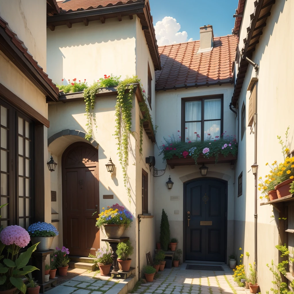A corner of the street, Upstairs and downstairs are full of flowers, and the sun was shining brightly, the detail, 4K, k hd, high high quality