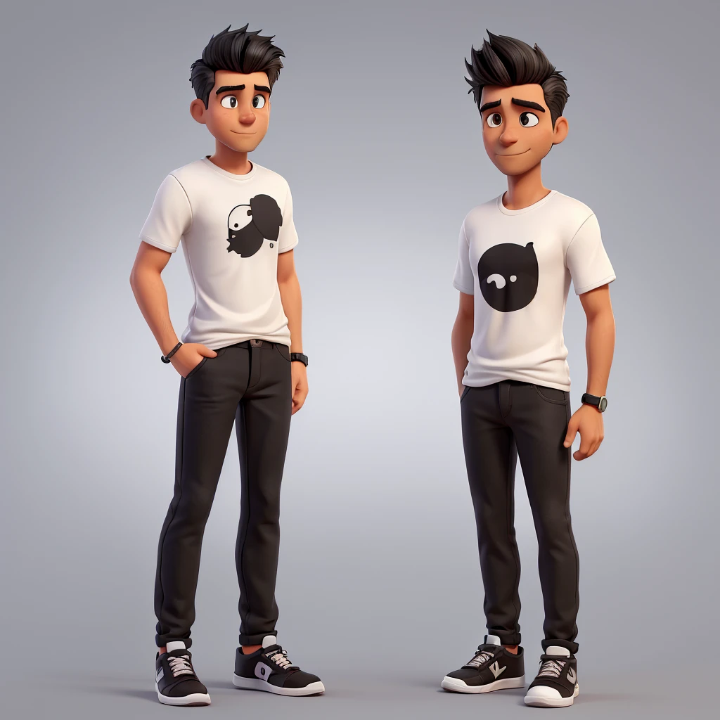 Create a digital illustration of a thirty-year-old man with an athletic build and slightly tanned skin. He has black hair, styled short on the sides and combed to the side on top, and dark honey-colored eyes. He has a minimal beard but no mustache. He is dressed in black or casual jeans, casual shoes or sneakers, and either a black or white t-shirt. He wears a black or silver watch on his left wrist. His personality is creative, with strong leadership and communication skills. His hobbies include traveling, reading, and sharing fascinating stories. The setting should be in an executive or luxurious environment