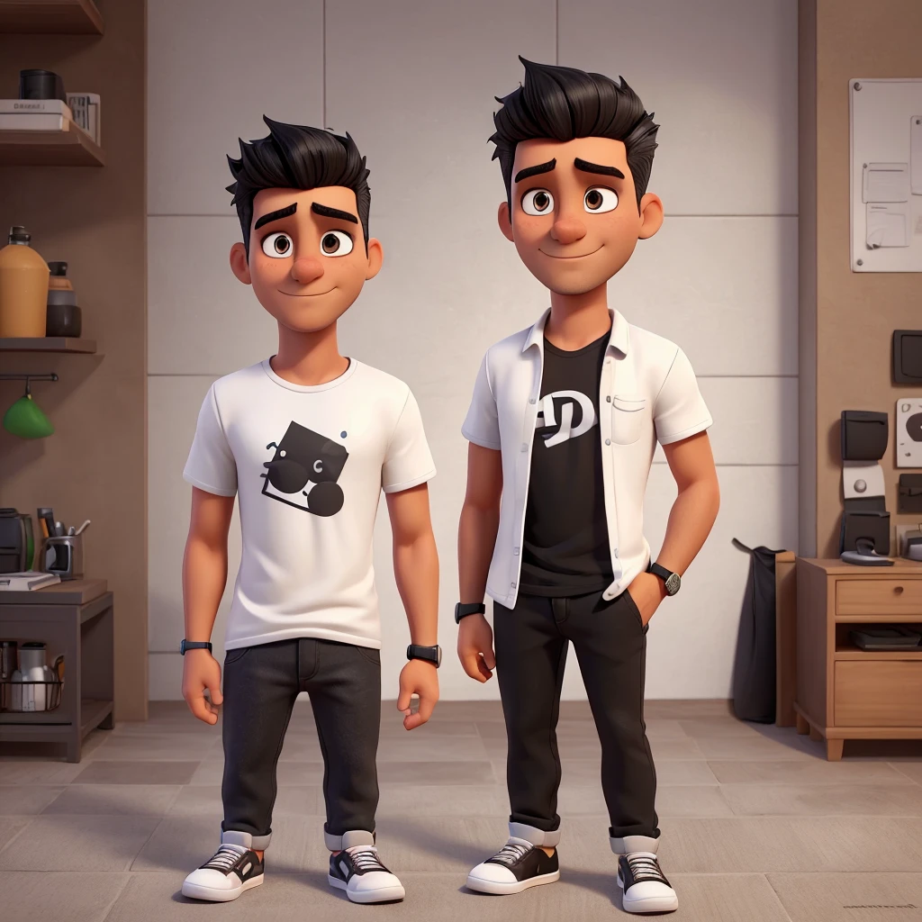 Create a digital illustration of a thirty-year-old man with an athletic build and slightly tanned skin. He has black hair, styled short on the sides and combed to the side on top, and dark honey-colored eyes. He has a minimal beard but no mustache. He is dressed in black or casual jeans, casual shoes or sneakers, and either a black or white t-shirt. He wears a black or silver watch on his left wrist. His personality is creative, with strong leadership and communication skills. His hobbies include traveling, reading, and sharing fascinating stories. The setting should be in an executive or luxurious environment