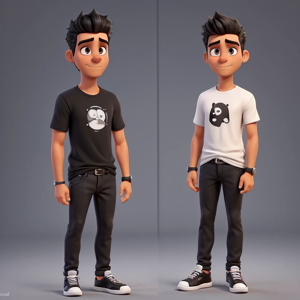 Create a digital illustration of a thirty-year-old man with an athletic build and slightly tanned skin. He has black hair, styled short on the sides and combed to the side on top, and dark honey-colored eyes. He has a minimal beard but no mustache. He is dressed in black or casual jeans, casual shoes or sneakers, and either a black or white t-shirt. He wears a black or silver watch on his left wrist. His personality is creative, with strong leadership and communication skills. His hobbies include traveling, reading, and sharing fascinating stories. The setting should be in an executive or luxurious environment