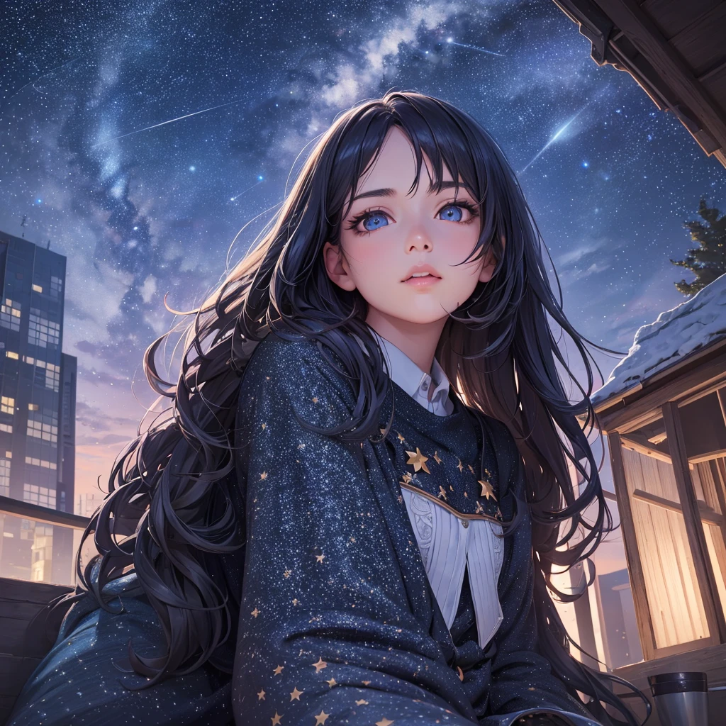 a detailed portrait of a girl sitting outdoors at night, looking up at the starry sky with the milky way, surrounded by a night cityscape with buildings silhouetted against the night sky, long hair, (best quality,4k,8k,highres,masterpiece:1.2),ultra-detailed,(realistic,photorealistic,photo-realistic:1.37),extremely detailed eyes and face,beautiful detailed eyes,beautiful detailed lips,longeyelashes,octans,sky,stars,scenery,starry night,night,1girl,night sky,solo,outdoors,building,cloud,milky way,sitting,tree,city,cityscape