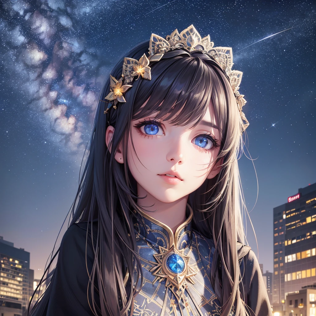 a detailed portrait of a girl sitting outdoors at night, looking up at the starry sky with the milky way, surrounded by a night cityscape with buildings silhouetted against the night sky, long hair, (best quality,4k,8k,highres,masterpiece:1.2),ultra-detailed,(realistic,photorealistic,photo-realistic:1.37),extremely detailed eyes and face,beautiful detailed eyes,beautiful detailed lips,longeyelashes,octans,sky,stars,scenery,starry night,night,1girl,night sky,solo,outdoors,building,cloud,milky way,sitting,tree,city,cityscape