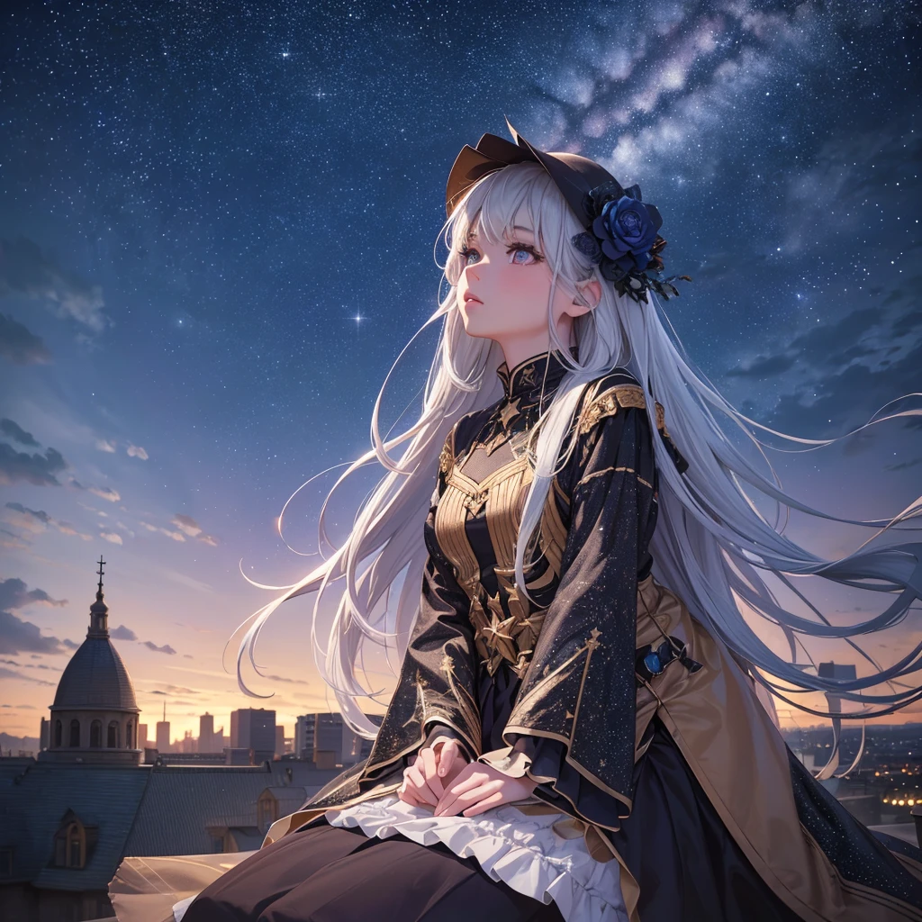 a detailed portrait of a girl sitting outdoors at night, looking up at the starry sky with the milky way, surrounded by a night cityscape with buildings silhouetted against the night sky, long hair, (best quality,4k,8k,highres,masterpiece:1.2),ultra-detailed,(realistic,photorealistic,photo-realistic:1.37),extremely detailed eyes and face,beautiful detailed eyes,beautiful detailed lips,longeyelashes,octans,sky,stars,scenery,starry night,night,1girl,night sky,solo,outdoors,building,cloud,milky way,sitting,tree,city,cityscape