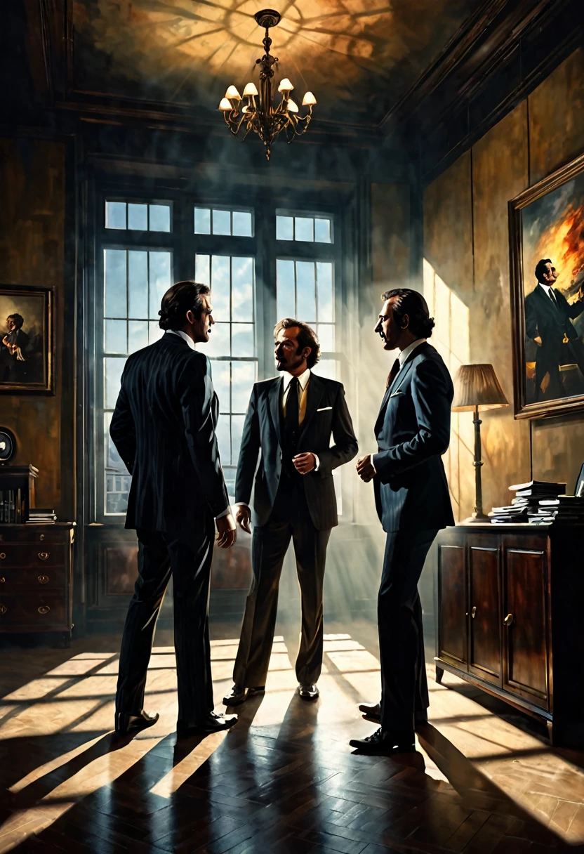 Scene with two men in suits in an office of a building arguing, Maximum details, dark fantasy  style from the 70s, with intense German-style romantic painting. Shadows and spectacular lighting.