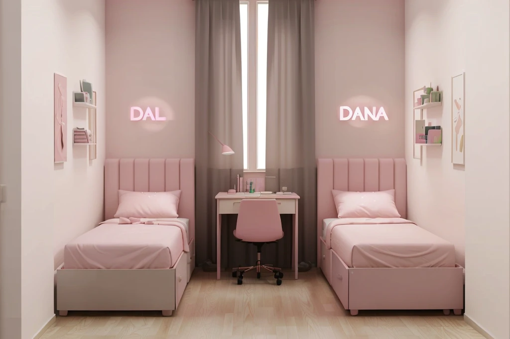 there are two beds in a room with a desk and a chair, dana, hala, by Galen Dara, dana - e, with soft pink colors, with names, realistic 3 d style, liana, brightly lit pink room, sand - colored walls, pastel dull colors, the walls are pink, dim bedroom