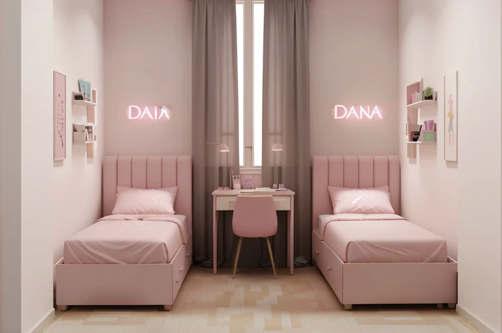 there are two beds in a room with a desk and a chair, dana, hala, by Galen Dara, dana - e, with soft pink colors, with names, realistic 3 d style, liana, brightly lit pink room, sand - colored walls, pastel dull colors, the walls are pink, dim bedroom