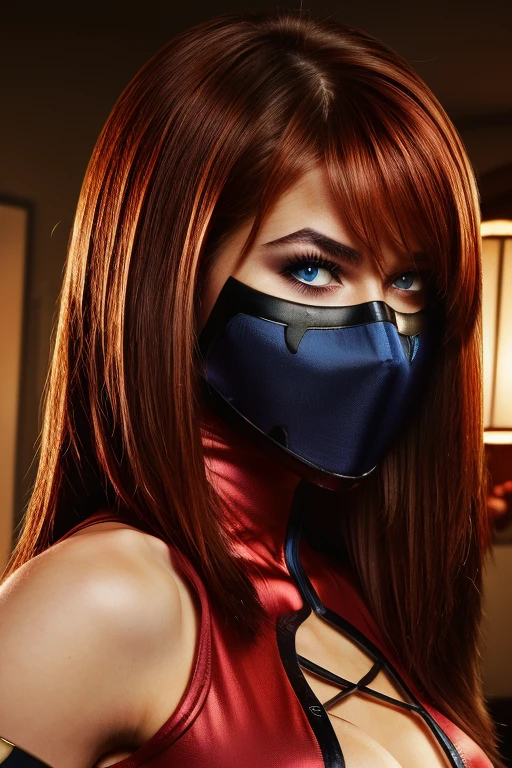 ((Masked))(best quality), high resolution,Asuka Langley Soryu, Beautiful Pretty Mixed German Babe, (Beautiful face), sexy lips, Auburn Twin Tails plug headband Hairs, intense gaze, tught plugsuit, dark blue detailed beautiful eyes, combine realism and anime influence,
