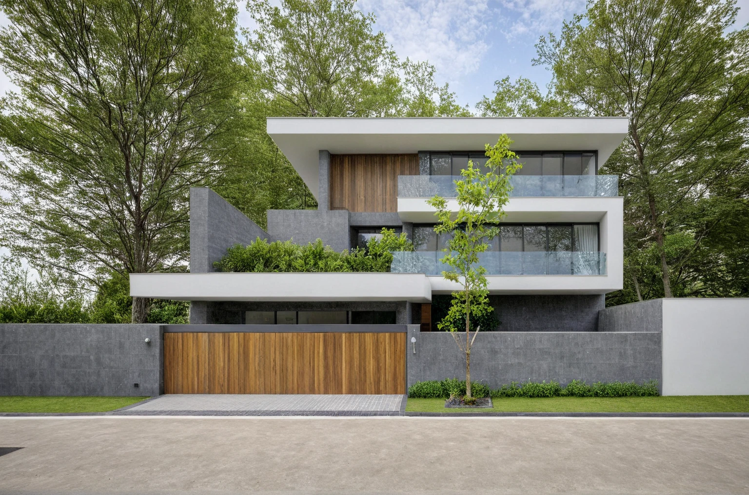 Masterpiece, high quality, best quality, realistic, super detailed, outdoor, modern house style, bietthuhn, white wall, glass door, street gate, sidewalk, grass, trees, Beautiful sky , (day:1.1), true light