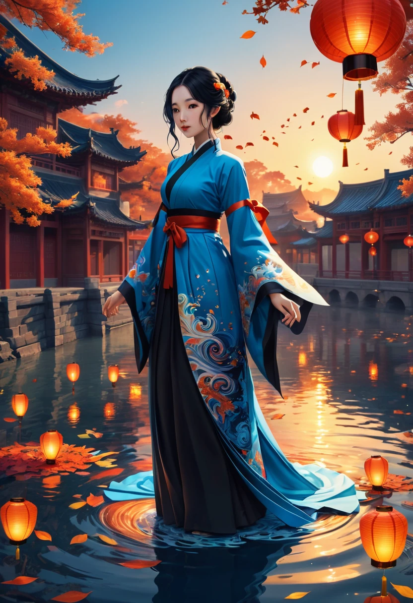 official art, unity 8k wallpaper, ultra detailed, beautiful and aesthetic, masterpiece, best quality, (Fire, water, ribbon, paper cutting), (fractal art:1.3) 1girl,building, (solo:1.5), chinese_clothes, sky, outdoors, wide_sleeves, black_hair, sunset, (falling_leaves:1.2), antern, (paper_lantern:1.5),blue sky, (outdoors:1.5),hanfu, (rainbow-candy:0.8), (style-swirlmagic:0.8),
