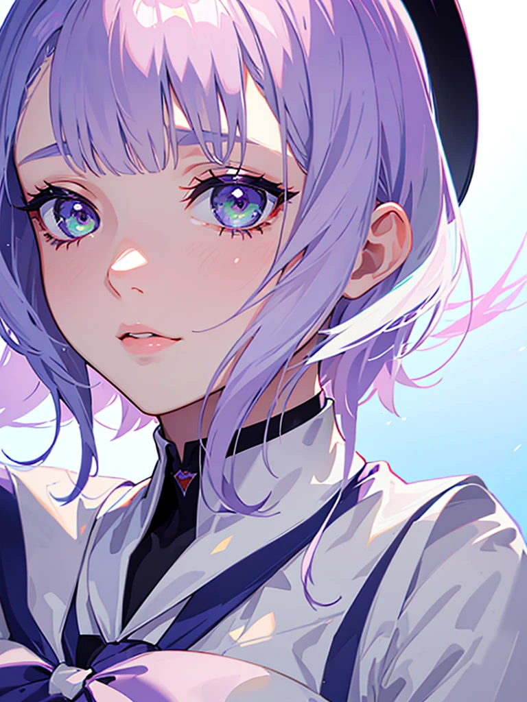 1girl,realistic,short hair,green eyes,empty eyes,purple hair,gigantic breast, uniform,sailor suit,skirt,extremely detailed eyes and face,longeyelashes,beautiful detailed lips,masterpiece,upper body,blue background,lucy