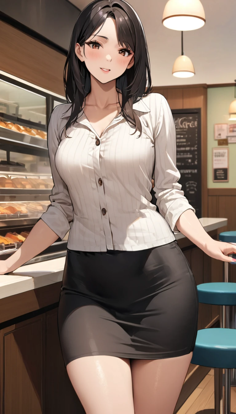 (masterpiece,Highest quality,Ultra-high resolution),,(ultra best illustration), (best shadow),high quality,(ultra detailed:1.15),hyper detailed,insanely detailed, exquisite,beautiful,absurdres,1 woman,Japanese women,(house wife:1.5),(40 years old:1.3),(middle-aged:1.49),(Small and round face:1,19),medium skin,shiny skin,detailed skin,detailed face,beautiful breasts,small breasts,Retinal Detail,side part,straight hair,long hair, Casual, simple blouse,V-neckline,knee-length skirt, blouse in bright colors,pastel shades,(((cafe interior,in room)))