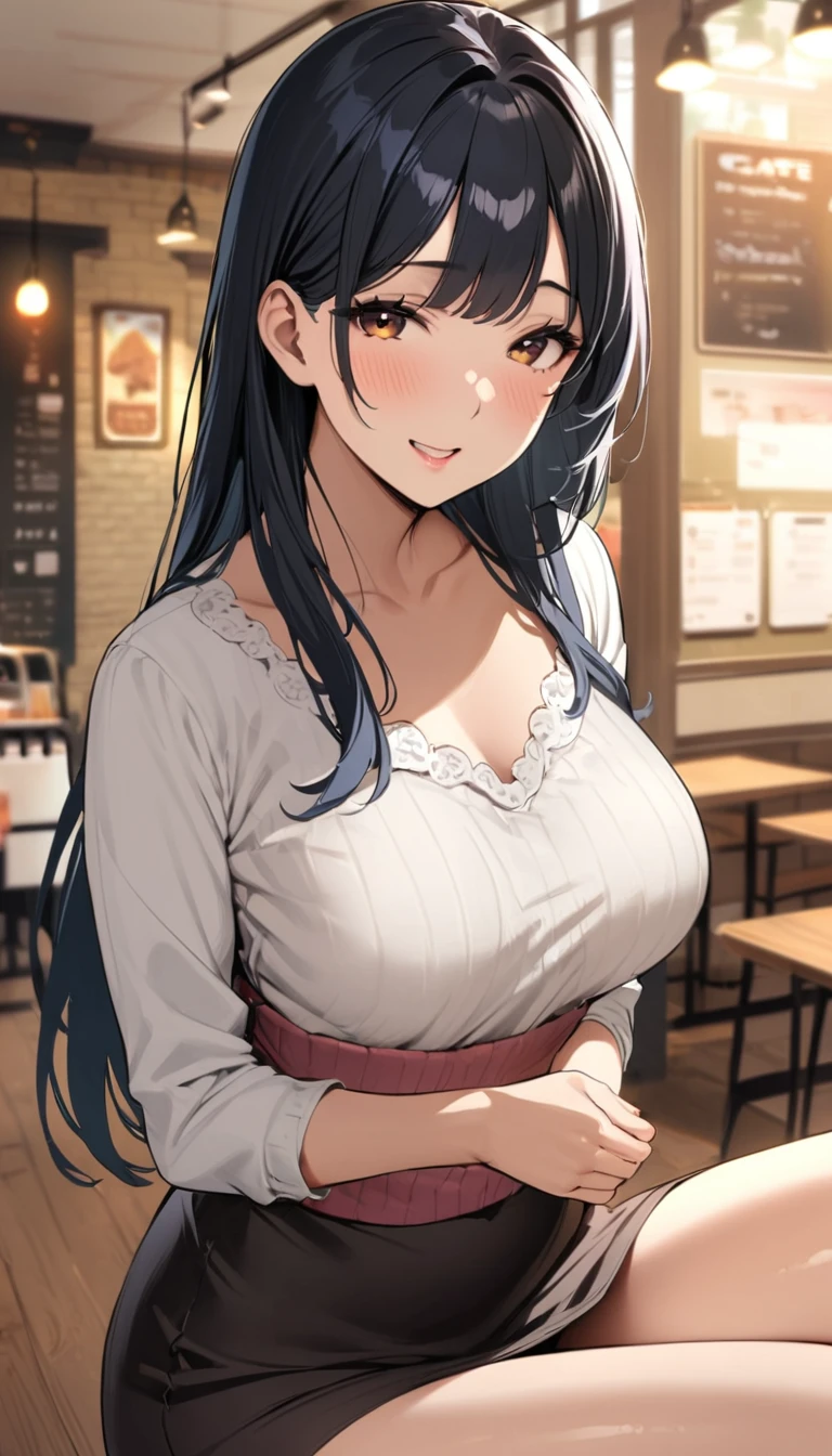 (masterpiece,Highest quality,Ultra-high resolution),,(ultra best illustration), (best shadow),high quality,(ultra detailed:1.15),hyper detailed,insanely detailed, exquisite,beautiful,absurdres,1 woman,Japanese women,(house wife:1.5),(40 years old:1.3),(middle-aged:1.49),(Small and round face:1,19),medium skin,shiny skin,detailed skin,detailed face,beautiful breasts,small breasts,Retinal Detail,side part,straight hair,long hair, Casual, simple blouse,V-neckline,knee-length skirt, blouse in bright colors,pastel shades,(((cafe interior,in room)))