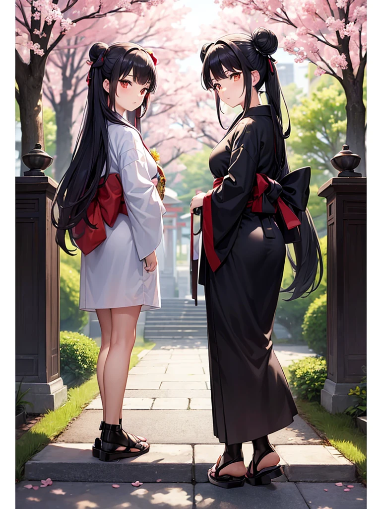 ((masterpiece,best quality)),2girls, black kimono, black legwear, black ribbon, black hair, cherry blossoms, day, flower, hair bun, hair ribbon, japanese clothes, kimono, long hair, looking at viewer, looking back , multiple girls, belts, outdoors, red eyes, red hair, ribbon, sandals, single bun, stairs, standing, statue, torii, tree, white kimono, yellow eyes