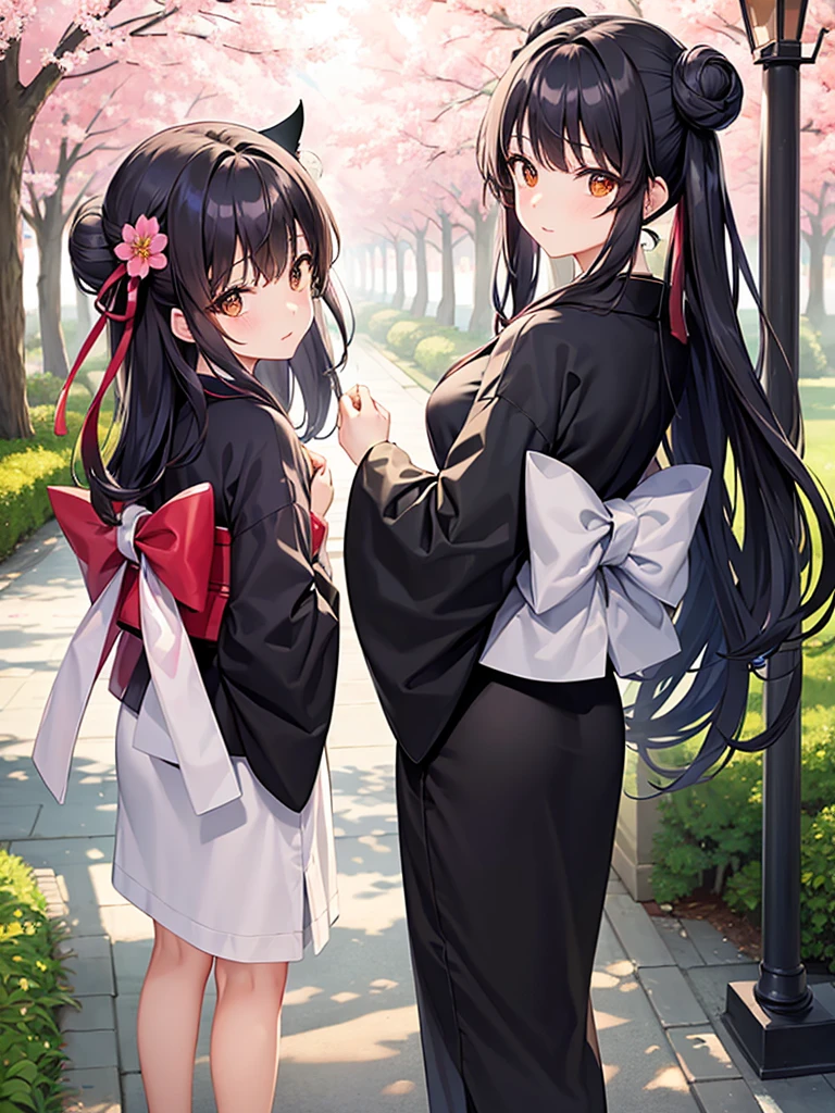 ((masterpiece,best quality)),2girls, black kimono, black legwear, black ribbon, black hair, cherry blossoms, day, flower, hair bun, hair ribbon, japanese clothes, kimono, long hair, looking at viewer, looking back , multiple girls, belts, outdoors, red eyes, red hair, ribbon, sandals, single bun, stairs, standing, statue, torii, tree, white kimono, yellow eyes