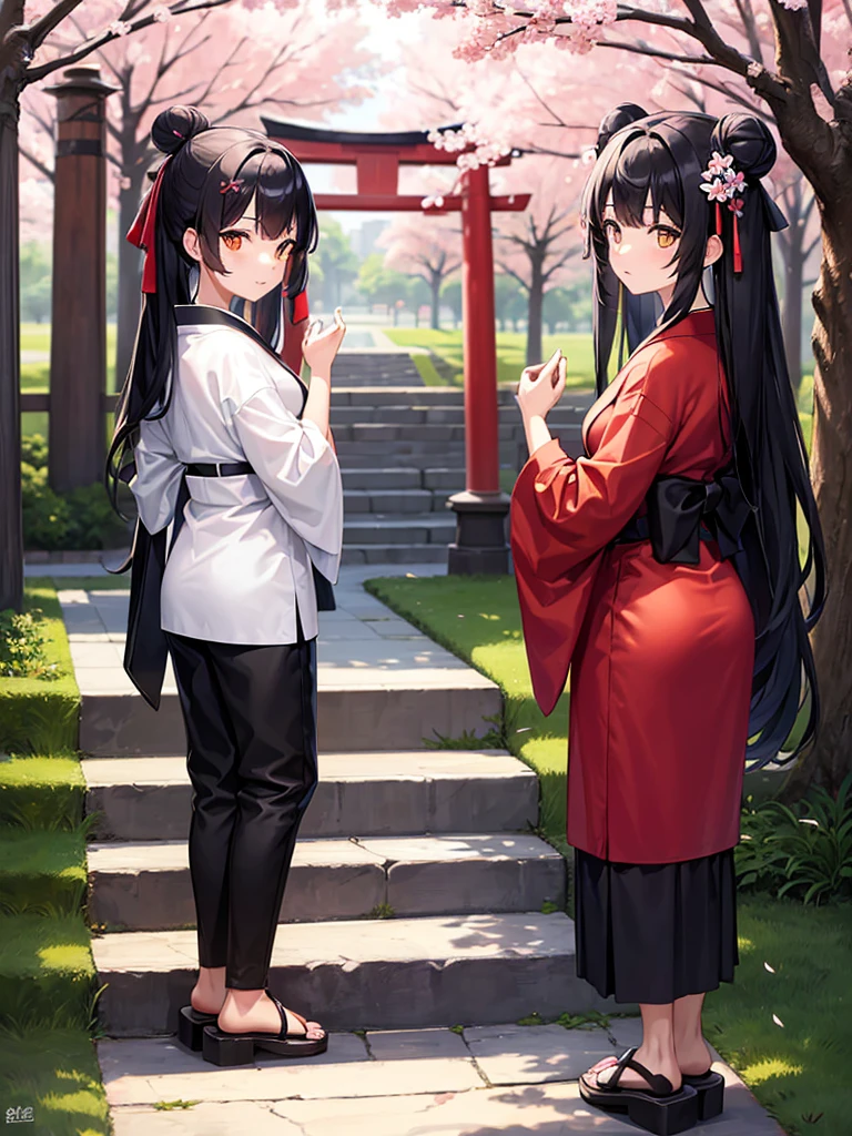 ((masterpiece,best quality)),2girls, black kimono, black legwear, black ribbon, black hair, cherry blossoms, day, flower, hair bun, hair ribbon, japanese clothes, kimono, long hair, looking at viewer, looking back , multiple girls, belts, outdoors, red eyes, red hair, ribbon, sandals, single bun, stairs, standing, statue, torii, tree, white kimono, yellow eyes