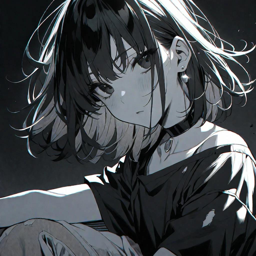 solo, handsome, monochrome,
1. Female,
Hime cut,Straight Hair,Bob Hair,
BLACKhair,
Nakano Yotsuba,
BLACK Eyes,Soft look,beautiful,beautiful,Sexy,Darkness,Lots of silver earrings,choker,
black Off Shoulder, black shirt, Short sleeve ,Distressed jeans,
skin,
BLACK background,