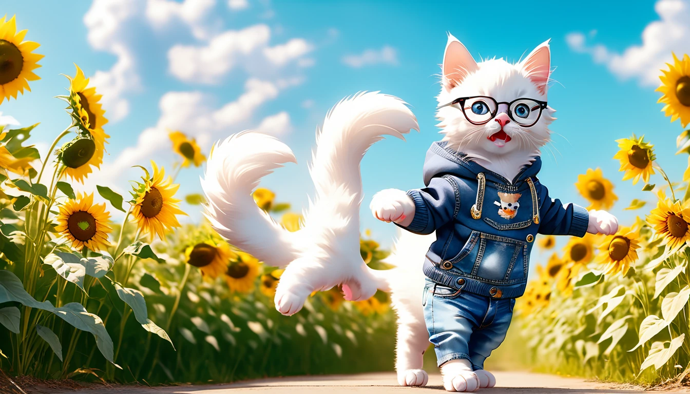 (Masterpiece: 1.4), professional photography, cute white kitten, standing on two legs
BRAKE
Light blue hoodie
BRAKE
Denim jeans
BRAKE
Black-rimmed glasses
BRAKE
Sunflower field as background
BRAKE
Full body shot, (Cinematic Light: 1.3), shot with Lumix GH5 (cinematic bokeh, dynamic range, vibrant colors)