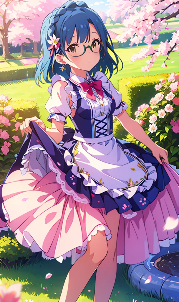 yuriko nanao (million live), (best quality, 8K, masterpiece, ultra detailed:1.2), cinematic angle,
flowery meadow, sparkle, light particles, garden,
1girl, solo, maid, maid headdress, apron, weapon, earring, cute, floating petals, lily hair ornament, staning, skirt lift, cherry blossoms,Glasses