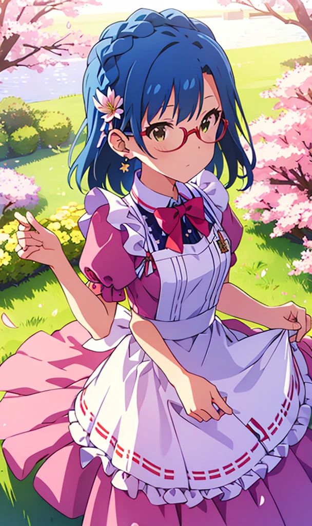 yuriko nanao (million live), (best quality, 8K, masterpiece, ultra detailed:1.2), cinematic angle,
flowery meadow, sparkle, light particles, garden,
1girl, solo, maid, maid headdress, apron,  weapon, earring, cute, floating petals, lily hair ornament, staning, skirt lift, cherry blossoms,Glasses 