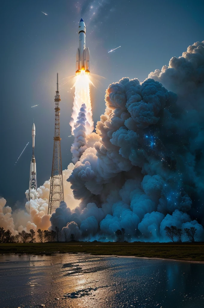 arafed Rocket launching into the sky with smoke and smoke billowing, Rocket launching into the sky, launch of a Rocket, Launched into space, Rocket launch, Start the test, Rocket launching, blue v2 Rocket in space, space photography, Rocket, deep image, stunning atmosphere, small spacecraft in background, Very high quality, believe, Ultra-high resolution