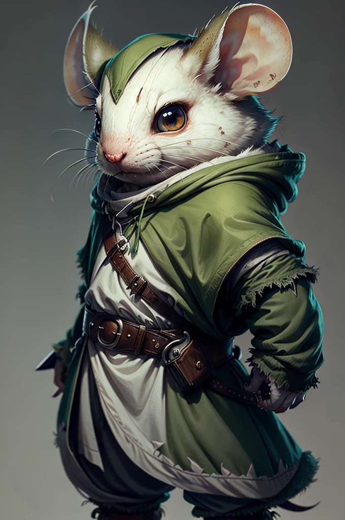 Solitary, White mouse, Wearing a green hooded cape, Belt with waist bag, Holding a sword, angry, Realistic mouse，The picture is farther away