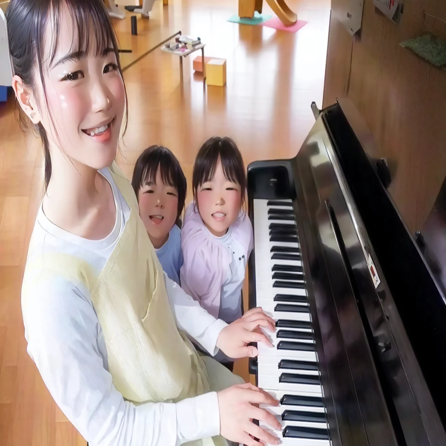 there are three The kids playing a piano together in a room, play the piano, The kids, beginner, The kids's, only, pianist, Warm and fun atmosphere, Award-winning works, Aoi Ogata, Nishimiya Shoko, Great composition, Photo taken with Nikon D750, Photo taken with Nikon D750, tsugumi ohba