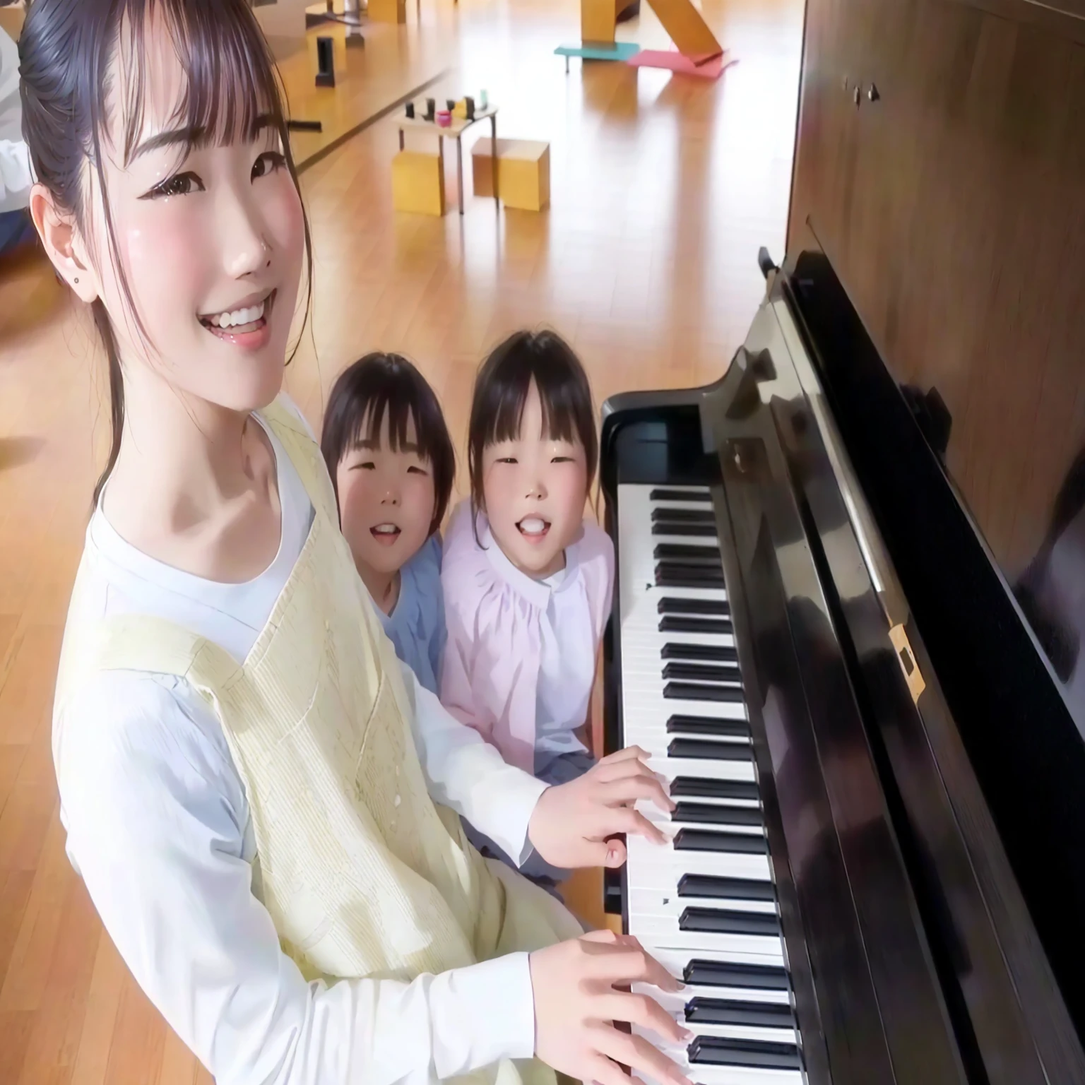 there are three The kids playing a piano together in a room, play the piano, The kids, beginner, The kids's, only, pianist, Warm and fun atmosphere, Award-winning works, Aoi Ogata, Nishimiya Shoko, Great composition, Photo taken with Nikon D750, Photo taken with Nikon D750, tsugumi ohba