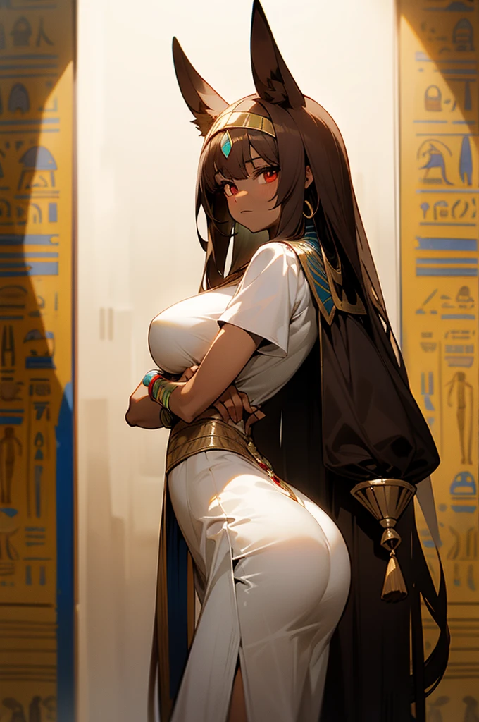 (SLE, mksks style, detailed background:1.1), (solo:1.3), mature, woman, dark skin, ornate egyptian dress, long hair, black hair, beautiful hair, hair over eye, yellow_eyes, voluptuous body, happy, portait, head tilt, volumetric lighting, (outdoor:1.3), egyptian house, colorful, large breasts, nice hips,  female anubis, egyptian clothes, egyptian mythology, white silk,