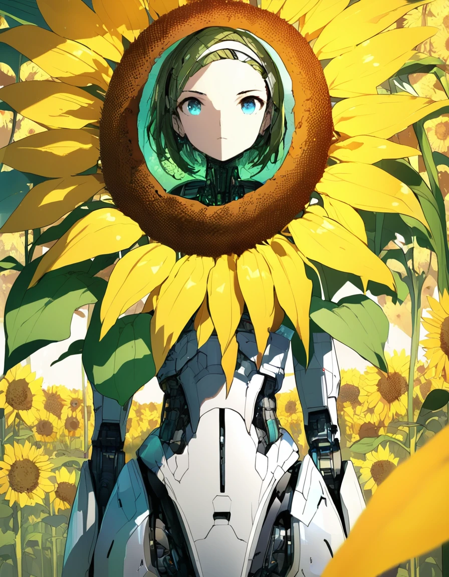 extremely clear 8K wallpaper, extremely delicate and detailed face:1.3, absurdres, masterpiece, pixiv contest winner, by Demizu Posuka, cowboy shot, Dynamic illustration of A rusted ancient android is left in a lush and beautiful field of sunflowers., The android's face is a giant display that says "system error"., Android has a beautiful and vibrant sunflower., A world of overwhelming beauty where a decadent artificial android forms a contrasting structure.,
