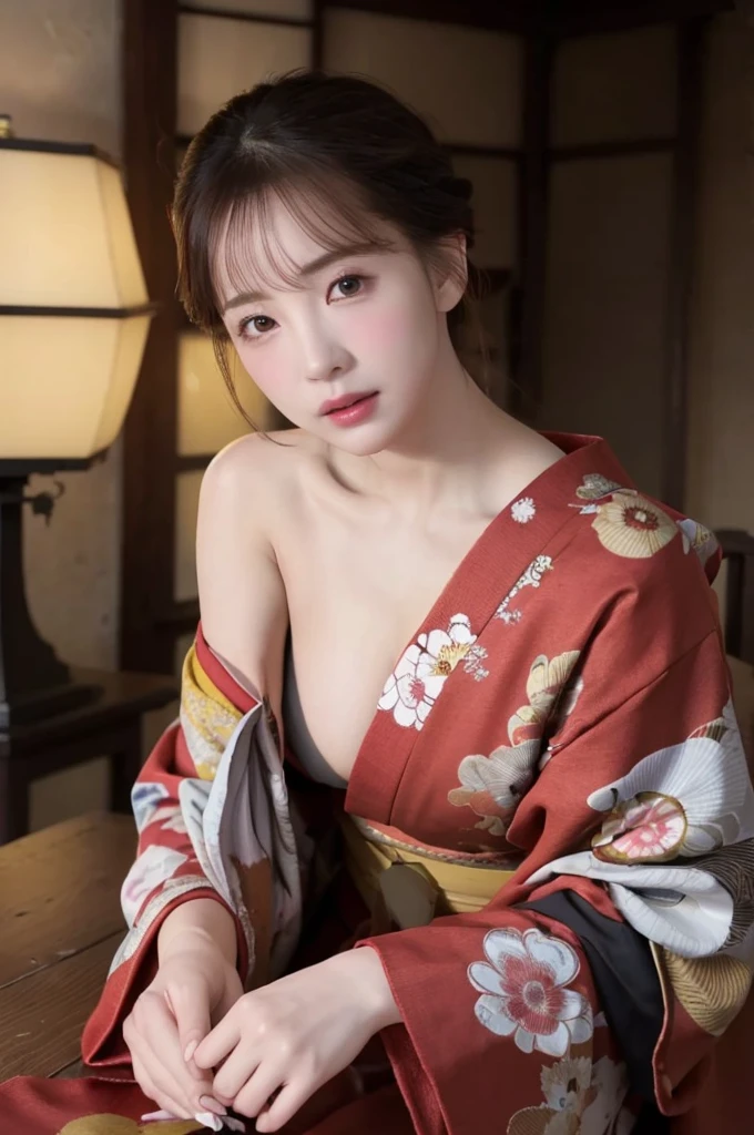 ((8K)), (RAW photo), (Realistic), (photo-realistic), ultra high resolution, masterpiece, highest quality, perfect lighting, professional lighting, detailed lighting, dramatic shadow, ray tracing, (((sharp focus))), 1 Japanese beautiful lady, 30 years old, slender body type, beautiful detailed brown eyes, small breasts, big thick thighs, medium messy hair, light brown hair, half open mouth, looking at viewer, ((old Japanese house)), (intense ecstasy:1.5), kimono, expose one's shoulder, off shoulder, Oiran, Maiko,