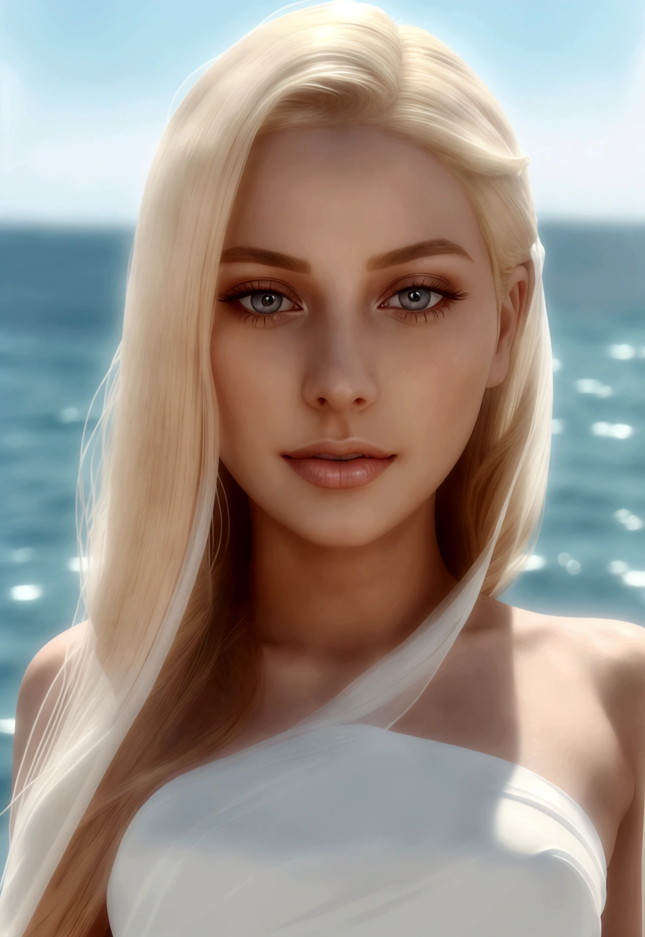 beautiful blonde woman wearing white sheer skirt, (best quality,highres,realistic:1.37),ultra-detailed,realistic,professional, sexy,beautiful detailed eyes,beautiful detailed lips,long eyelashes,radiant skin,flowing hair, sensual expression, feminine, vivid colors, beach background, bikini, revealing, bright, in the ocean water