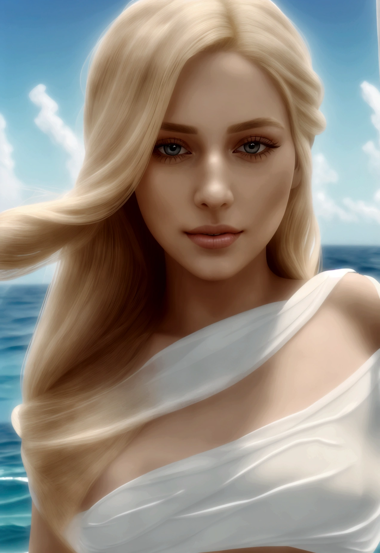 beautiful blonde woman wearing white sheer skirt, (best quality,highres,realistic:1.37),ultra-detailed,realistic,professional, sexy,beautiful detailed eyes,beautiful detailed lips,long eyelashes,radiant skin,flowing hair, sensual expression, feminine, vivid colors, beach background, bikini, revealing, bright, in the ocean water
